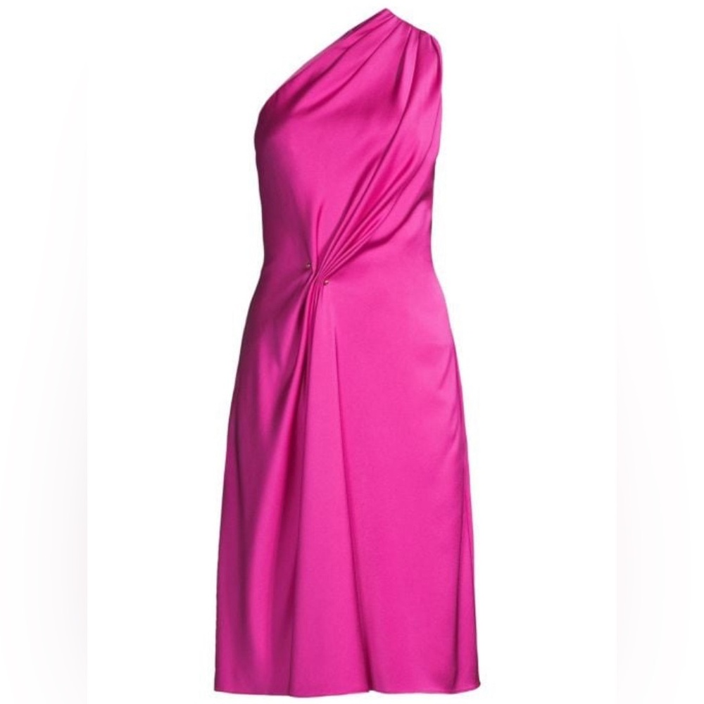 AIDAN MATTOX Pleated Pink One Shoulder Satin Dress